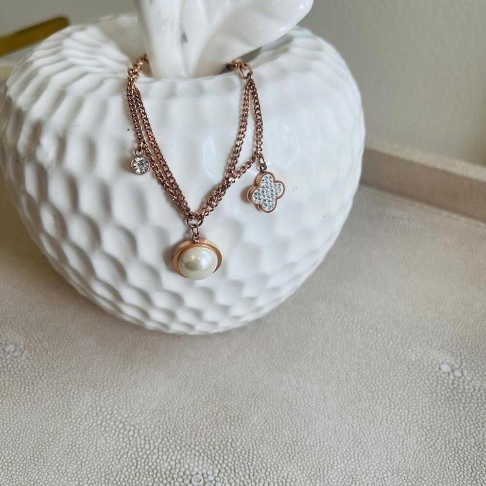 Gold Tone Pearl Bracelet, Clover & Rhinestone Charms, Layered Fashion Jewelry